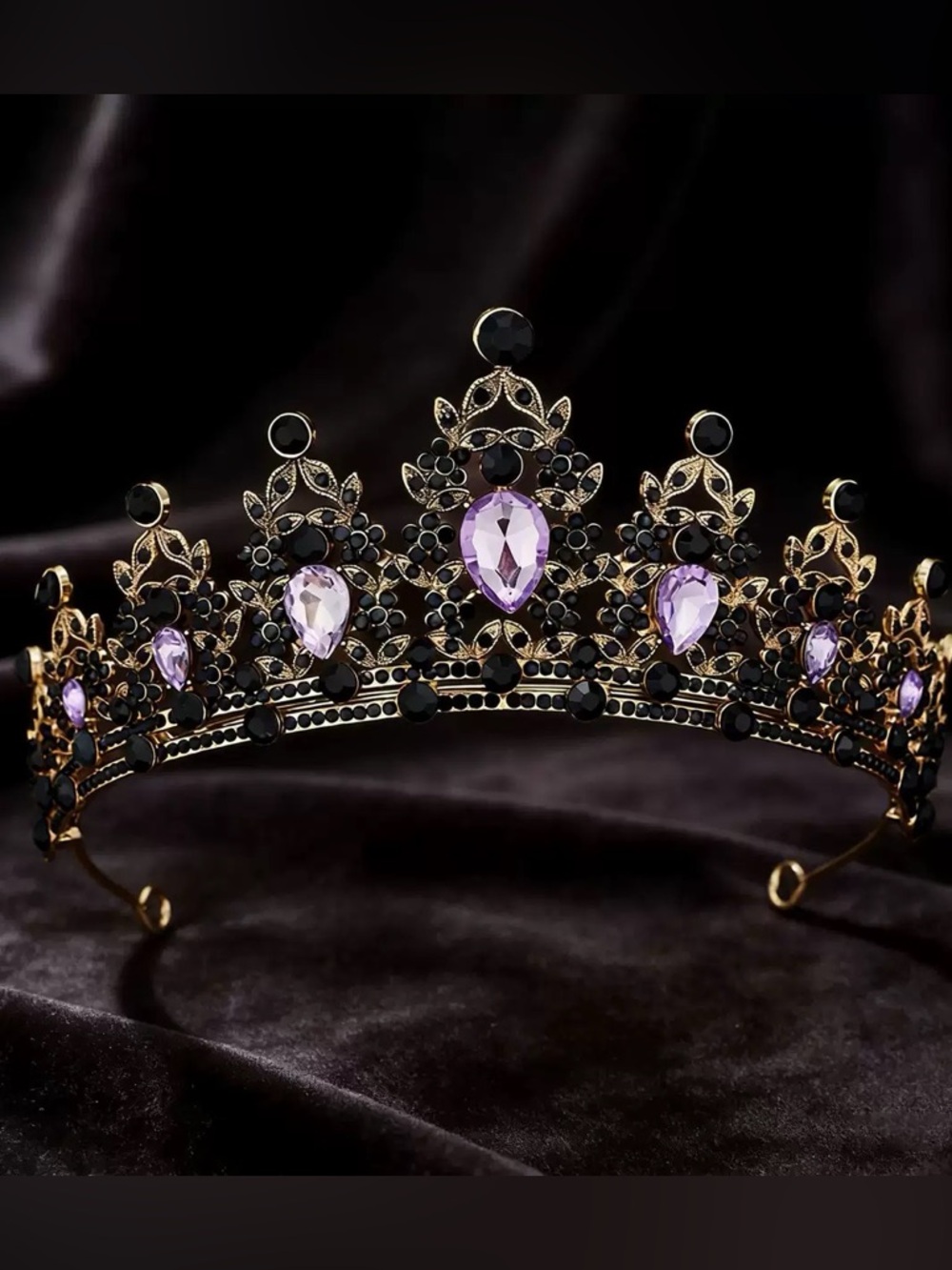 Gold Tiara Headpiece with Purple and Black Gemstones